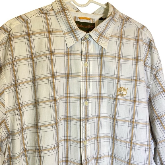Timberland Big Men's size 3XL Cream Tan Plaid Cotton Casual Button Down Shirt - Picture 2 of 5